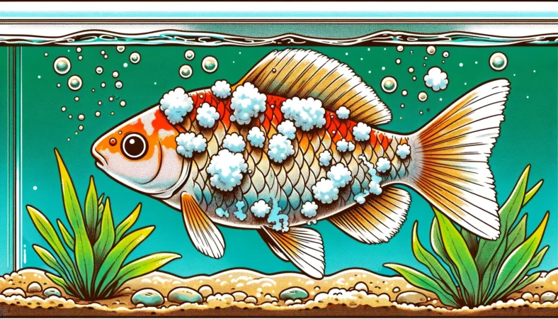 A manga-style colored illustration of a medaka fish with white, cotton-like fungus growths on its body and fins, indicating a water mold infection. The fish is in an aquarium with aquatic plants and clean water, showing clear symptoms of water mold disease.