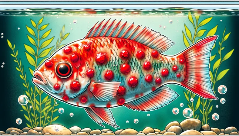 A manga-style colored illustration of a medaka fish with visible red sores and swollen areas on its body, indicating an Aeromonas infection. The fish is in an aquarium with aquatic plants and clear water, highlighting the symptoms of the disease.