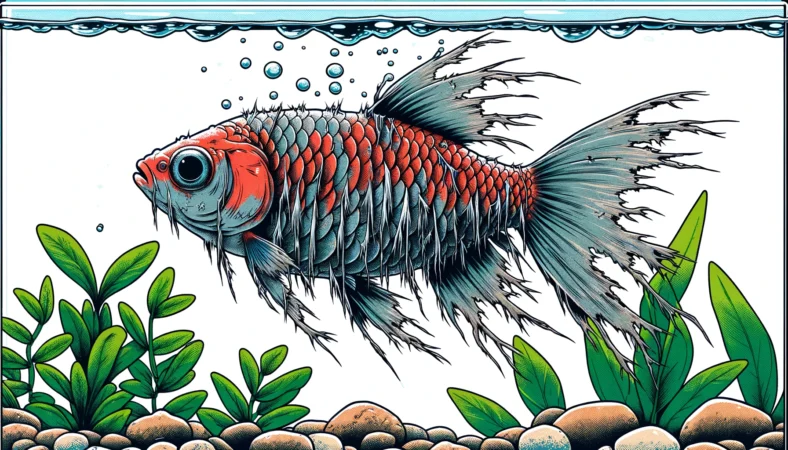 A manga-style colored illustration of a medaka fish with frayed and torn fins, indicating fin rot disease. The fish is swimming in an aquarium with aquatic plants and clear water, showing the symptoms of fin rot.