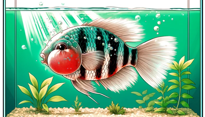 A manga-style colored illustration of a medaka fish with swollen gills and labored breathing, indicating gill disease. The fish is in an aquarium with aquatic plants and clear water, highlighting the symptoms of gill disease.