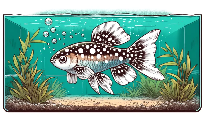 A manga-style colored illustration of a medaka fish with visible white spots on its body and fins, swimming in an aquarium. The background features aquatic plants and a clear view of the water environment, indicating an infection of white spot disease.