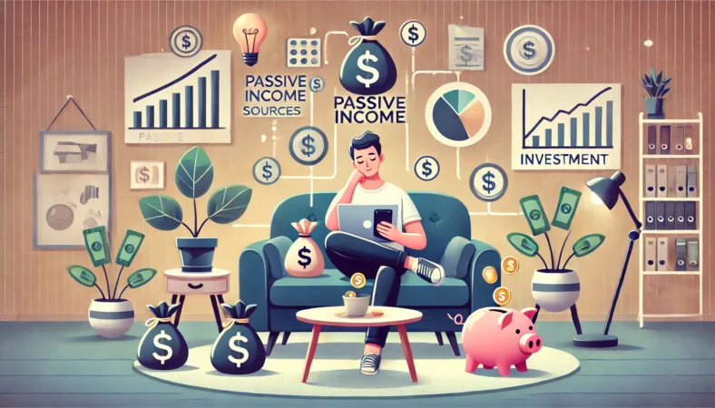 An illustration representing passive income. The scene shows a person relaxing at home while money flows in through various sources. The person is sitting comfortably on a sofa, using a laptop or smartphone, with a serene and content expression. Around them, symbols of passive income sources such as money bags, dollar signs, investment charts, and a piggy bank are visible. The background is a cozy and modern living room, with soft lighting and stylish decor.